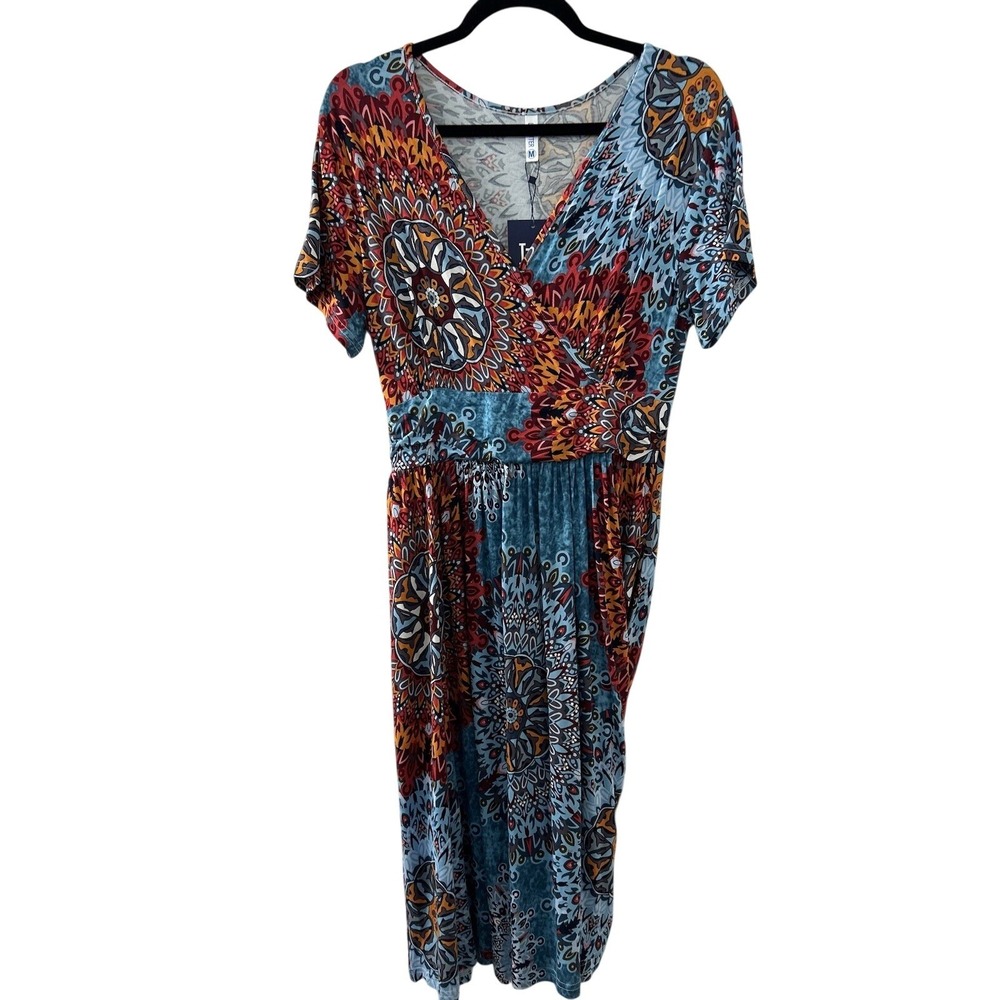 Lilbetter Mandala Print Faux Wrap Dress M Blue Red Boho Pockets Midi Summer